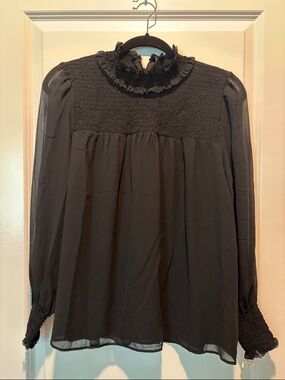 Ann Taylor Black Ruffled Smocked Yoke Blouse